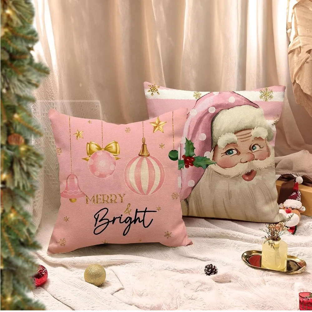 🎄💖 NEW Christmas Pillow Covers Set of 4 Pink Cute Farmhouse Shabby Chic Xmas